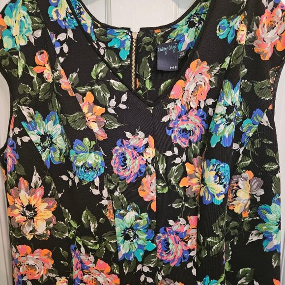Gabby Skye sleeveless colorful floral dress (18W) 38" long, black background - Picture 4 of 5